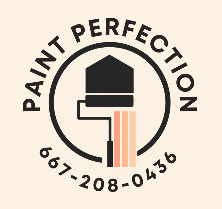 This is an image from Paint Perfection, located in Maryland. The logo for Paint Perfection features a paint roller forming the outline of a house with soft peach brush strokes and the company name arranged in a circular layout.