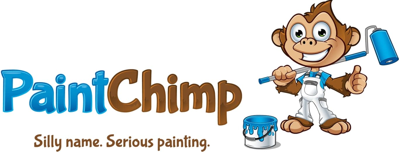 This is an image from PaintChimp, located in Illinois. The logo for PaintChimp features blue and brown text with a cartoon chimp holding a paint roller next to a blue paint can.