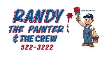 This is an image from Randy the Painter & Crew, located in Tennessee. The image is a Randy the Painter & the Crew logo featuring a cartoon painter holding a red paintbrush with bold blue and red text and phone number.