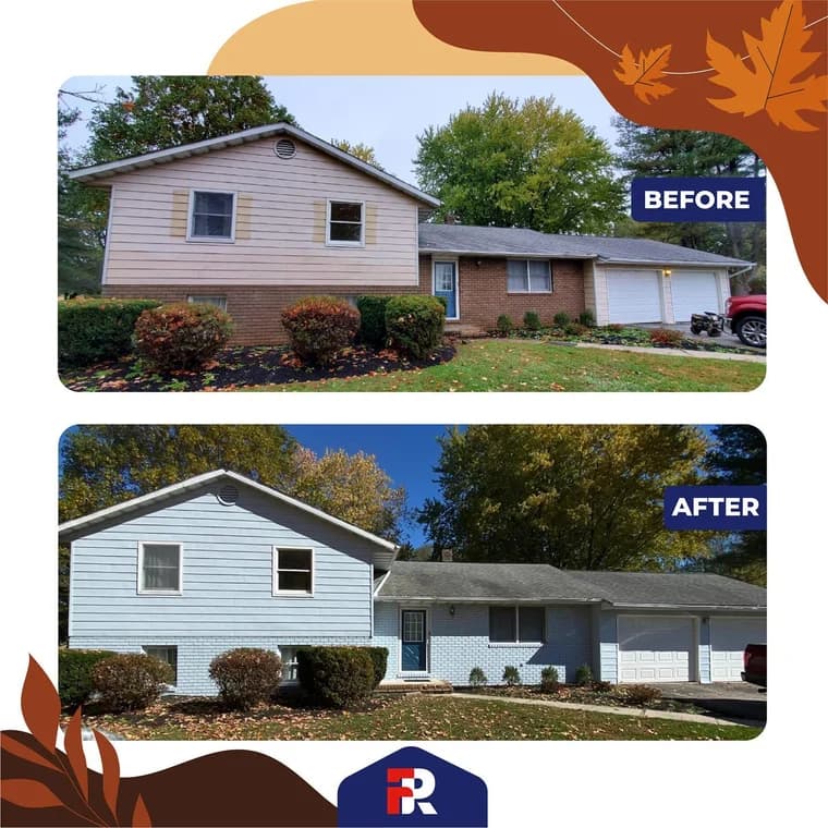This is an image from FR Contractors & Investors Inc, located in Virginia. The before-and-after exterior images feature a home updated from a faded beige color to a fresh light blue finish with improved curb appeal.