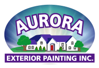 This is an image from Aurora Exterior Painting Inc., located in Massachusetts. The logo for Aurora Exterior Painting Inc. features a white house with a purple roof, green trees, and bold purple lettering on a blue oval background.