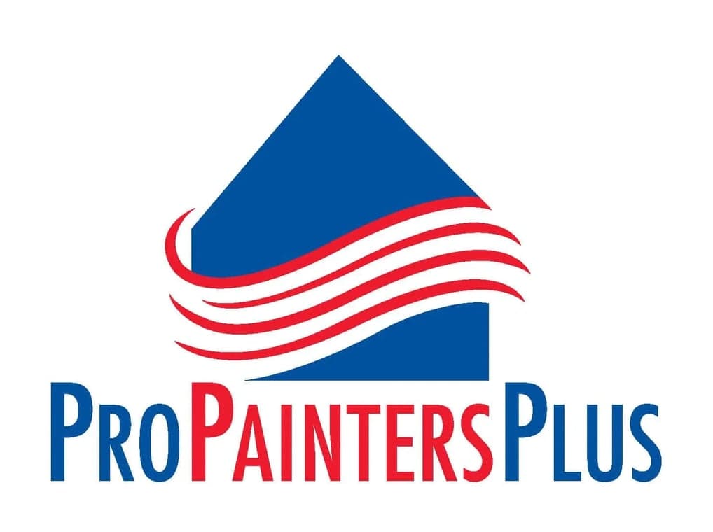This is an image from Pro Painters Plus LLC company, located in Perkasie, PA. The image is a Pro Painters Plus LLC logo featuring a blue house icon with red and white curved stripes across it, symbolizing paint strokes, with the company name 'Pro Painters Plus' in bold blue and red text below.