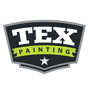This is an image from TEX Painting, located in Texas. The logo for TEX Painting features bold white lettering on a dark shield background with a green banner and a star symbol underneath.