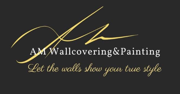 This is an image from AM Wallcovering & Painting, located in North Carolina. The logo for AM Wallcovering & Painting features elegant gold cursive initials above white and gold text on a dark background, along with the tagline 'Let the walls show your true style.