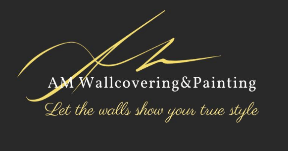 This is an image from AM Wallcovering & Painting, located in North Carolina. The logo for AM Wallcovering & Painting features elegant gold cursive initials above white and gold text on a dark background, along with the tagline 'Let the walls show your true style.