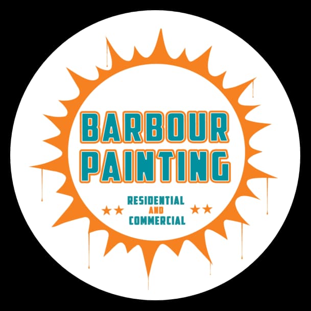 This is an image from Barbour Painting, located in California. The image shows the logo for Barbour Painting, featuring a circular orange sunburst design with teal and orange text reading ‘Barbour Painting – Residential and Commercial’.