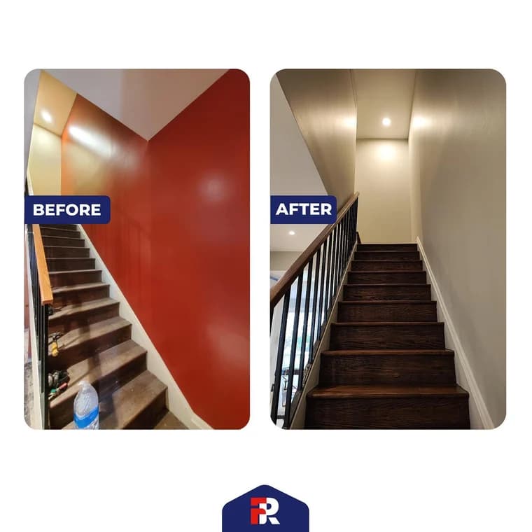 This is an image from FR Contractors & Investors Inc, located in Virginia. The before-and-after comparison displays a stairway transformation from bright red walls to a softer neutral color with updated railings and refinished steps.