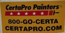 This is the logo for CertaPro Painters. The design features a bold yellow background with a red paintbrush graphic containing white stars, alongside the company’s phone number 800-GO-CERTA and website CERTAPRO.COM in black lettering.