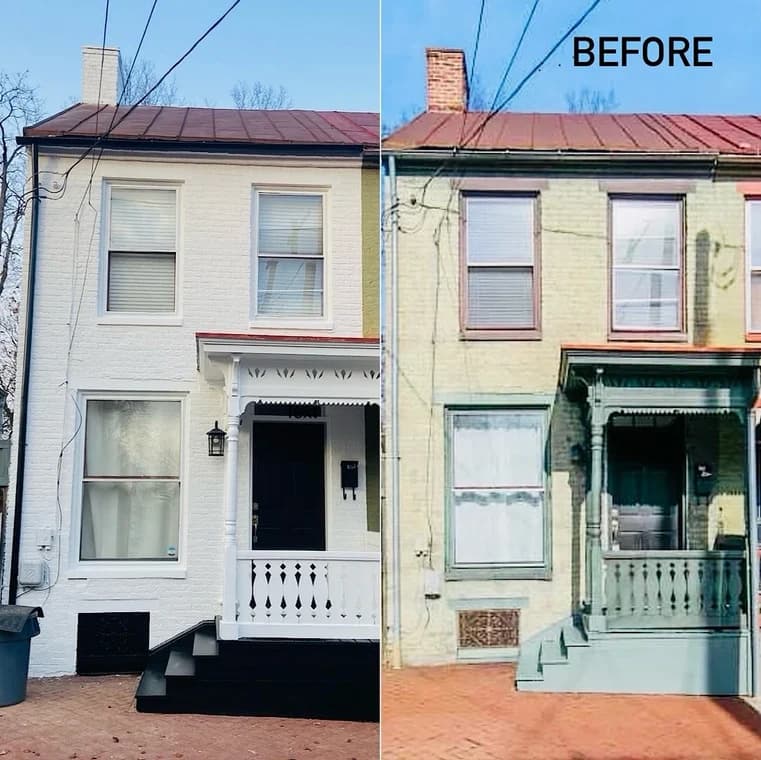 This is an image from CAZ Paintz LLC, located in New York. The before-and-after exterior photo shows a brick townhouse repainted from faded yellow and green tones to a clean white façade with black and white trim.