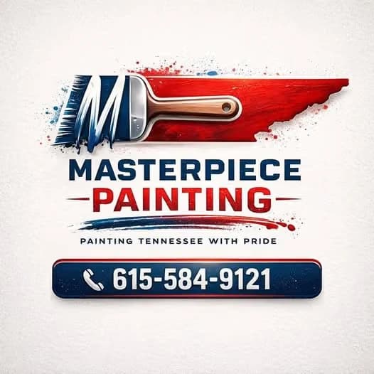 Masterpiece Painting logo for a Tennessee painting company, featuring a red paintbrush, blue lettering, and the company phone number.