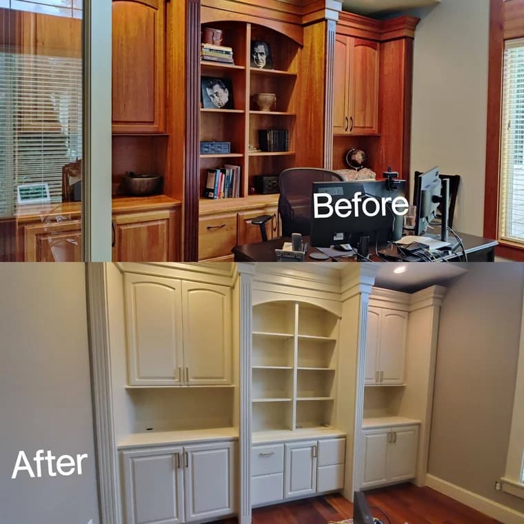 This is an image from Fresh Look Painting company, located in Sarasota, FL. The image is a before and after photo of a home office cabinet refinishing project by Fresh Look Painting LLC, showing transformation from dark wood finish to modern white paint