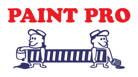 This is an image from Paint Pro Inc. The image is a company logo for Paint Pro featuring two cartoon painters holding a striped barrier.
