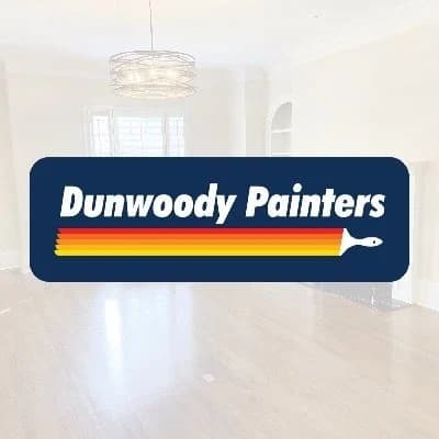 This is an image from Dunwoody Painters, located in Georgia. The logo for Dunwoody Painters features bold white text on a navy blue rectangular background with a colorful red, orange, and yellow paint stroke and brush graphic underneath.