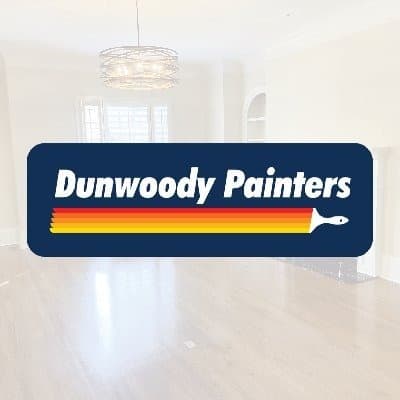 This is an image from Dunwoody Painters, located in Georgia. The logo for Dunwoody Painters features bold white text on a navy blue rectangular background with a colorful red, orange, and yellow paint stroke and brush graphic underneath.