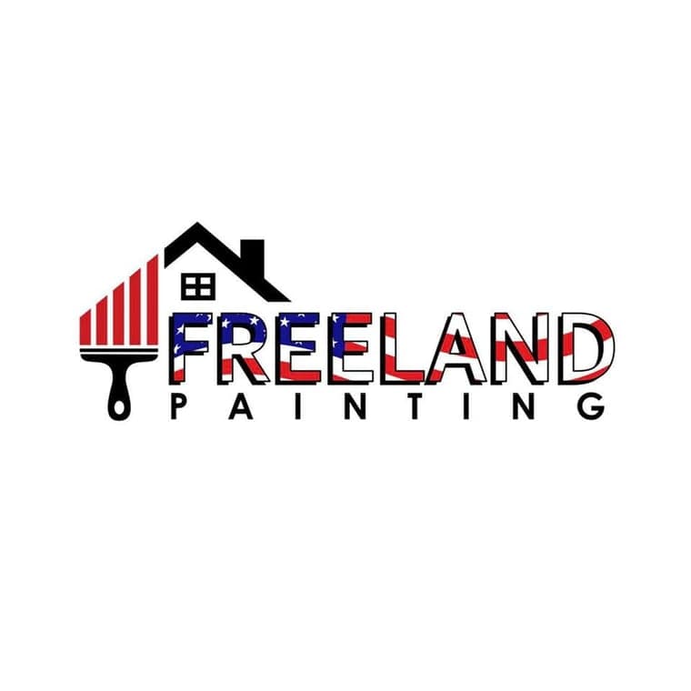 This is an image from Freeland Painting, located in Washington. The logo for Freeland Painting features a paintbrush, a house roof graphic, and bold patriotic red, white, and blue lettering.