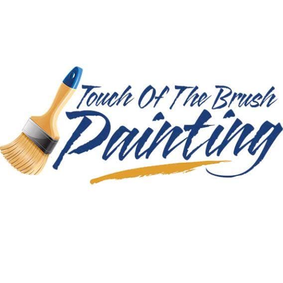 Logo of Touch of the Brush Painting, featuring a blue and gold paintbrush design with the company name written in bold script.