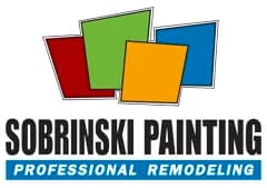 This is an image from Sobrinski Painting, located in Pennsylvania. The logo for Sobrinski Painting features colorful overlapping squares above bold black text with a blue banner reading professional remodeling.