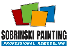 This is an image from Sobrinski Painting, located in Pennsylvania. The logo for Sobrinski Painting features colorful overlapping squares above bold black text with a blue banner reading professional remodeling.