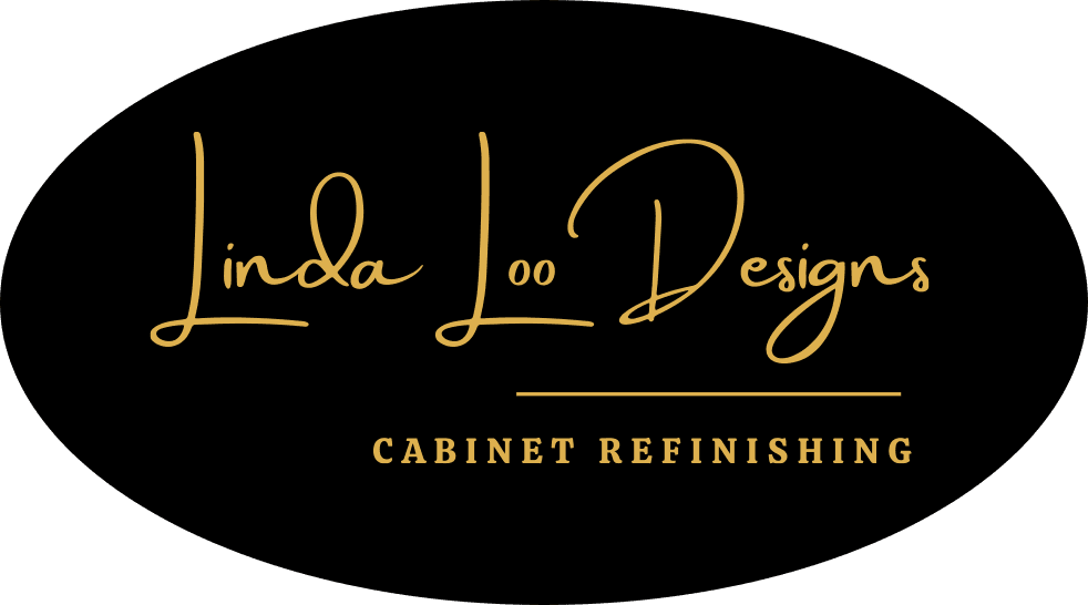 This is the logo of Linda Loo Designs Cabinet Refinishing & Refacing. The logo has elegant gold script text on a black background with the tagline “Cabinet Refinishing.”