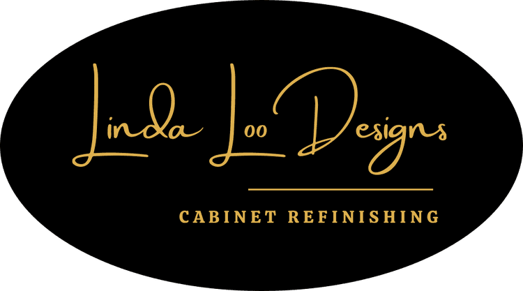 This is the logo of Linda Loo Designs Cabinet Refinishing & Refacing. The logo has elegant gold script text on a black background with the tagline “Cabinet Refinishing.”