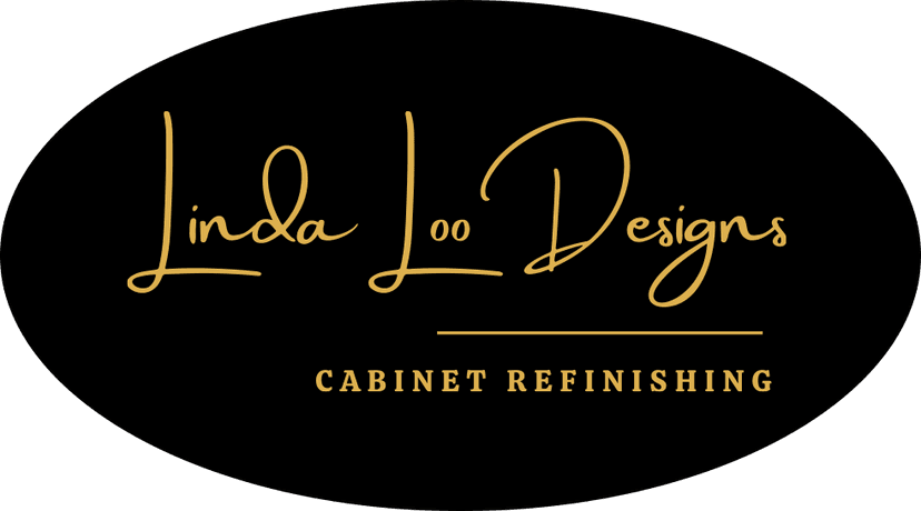 This is the logo of Linda Loo Designs Cabinet Refinishing & Refacing. The logo has elegant gold script text on a black background with the tagline “Cabinet Refinishing.”