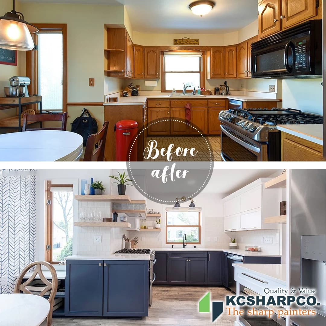 This is an image from KC Sharp Co. The image shows a before-and-after kitchen remodel, with the after photo featuring painted cabinets, new shelving, and KC Sharp Co. branding.