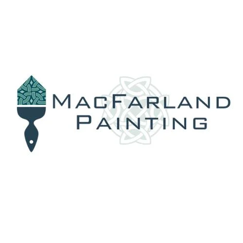 This is an image from MacFarland Painting - Ann Arbor company, located in Ann Arbor, MI The image is a MacFarland Painting company logo featuring a teal paintbrush with geometric design and stylized text.