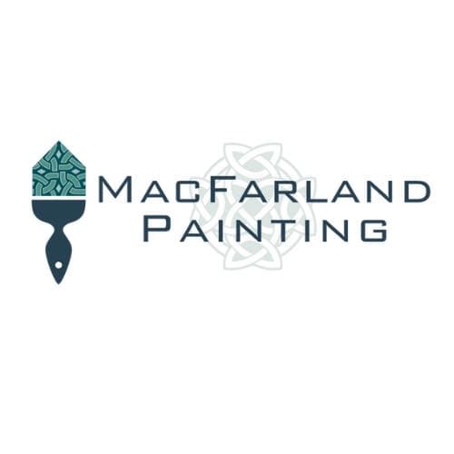 This is an image from MacFarland Painting - Ann Arbor company, located in Ann Arbor, MI The image is a MacFarland Painting company logo featuring a teal paintbrush with geometric design and stylized text.