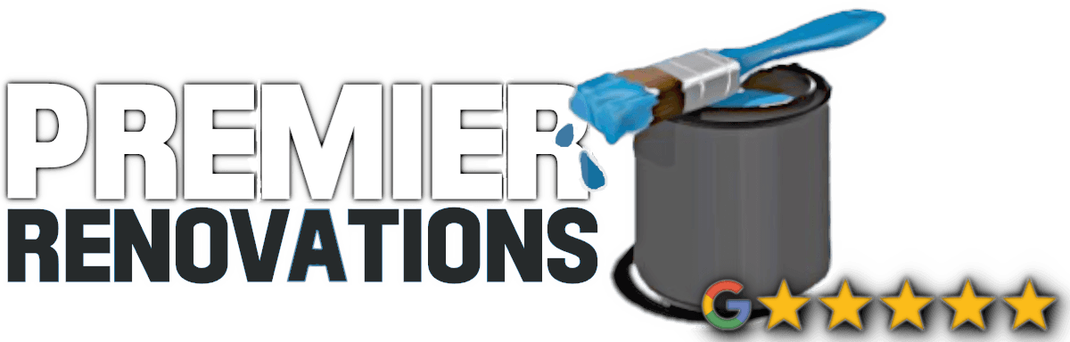 This is an image from Premier Renovations, located in Florida. The logo for Premier Renovations features bold gray and black text with a paintbrush over a paint can and five gold stars.