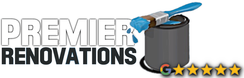 This is an image from Premier Renovations, located in Florida. The logo for Premier Renovations features bold gray and black text with a paintbrush over a paint can and five gold stars.