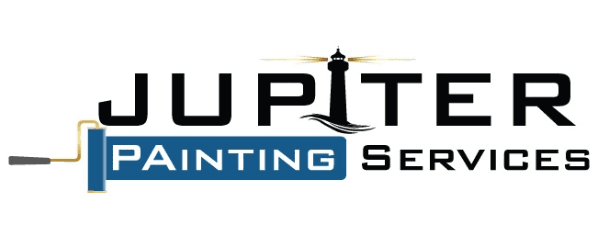This is an image from Jupiter Painting Services, located in Florida. The logo for Jupiter Painting Services features bold black text with a lighthouse graphic integrated into the letter I and a blue paint roller extending from the word Painting.