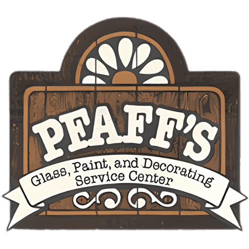 This is an image from Pfaff’s Inc., located in North Carolina. The logo for Pfaff’s Inc. features stylized white text on a rustic wooden background with a decorative daisy design and a banner reading ‘Glass, Paint, and Decorating Service Center.