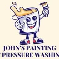 This is an image fromJohns Painting And Pressure Washing company, located in Clermont, FL. The image is a John's Painting and Pressure Washing logo with smiling paint can mascot holding a brush