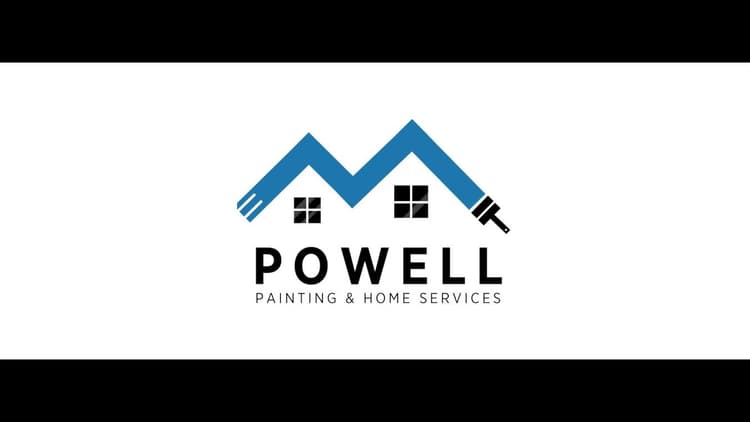 This is an image from Powell Painting & Home Services, located in [State]. The logo features a blue roofline design shaped like an M with a paint roller and fork at each end, along with black window icons and the company name below.