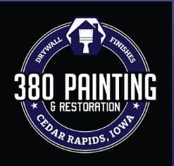 This is an image from 380 Painting & Restoration, located in Iowa. The logo for 380 Painting & Restoration features a circular badge design with paint tools, stars, and text referencing drywall, finishes, and Cedar Rapids, Iowa.