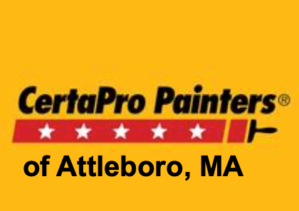 This is an image from CertaPro Painters of Attleboro, MA, located in Massachusetts. The logo for CertaPro Painters features black text on a yellow background with a red stripe and five white stars, representing quality and professional painting services.