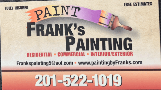 Logo for Frank’s Painting. The design features bold black text with a paintbrush stroke in rainbow colors, along with contact details and services.
