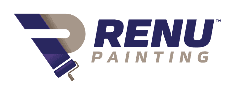 This is an image from RENU Painting, located in Texas. The logo for RENU Painting features a stylized letter ‘R’ shaped like a paint roller in navy blue and taupe beside bold navy text.