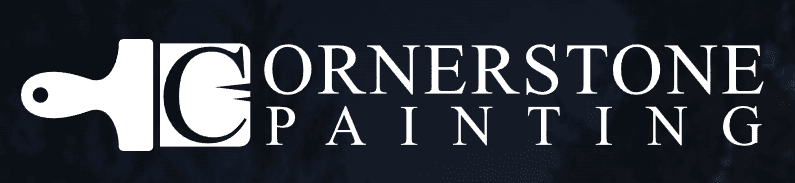 This is an image from Cornerstone Painting, located in Washington. The logo for Cornerstone Painting features white serif lettering with a stylized paintbrush icon on a dark blue textured background."