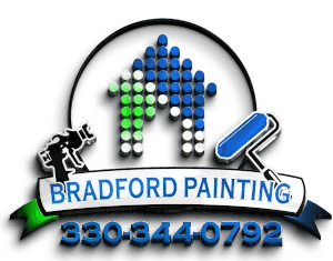 This is an image from Bradford Painting, located in Ohio. The logo for Bradford Painting features a stylized house made of blue and green dots with a paint roller graphic and the company phone number displayed below.