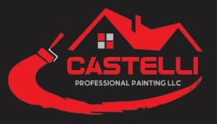 This is an image from Castelli Professional Painting LLC, located in Pennsylvania. The logo for Castelli Professional Painting LLC features bold red text with a house roof graphic and a paintbrush stroke design on a black background.