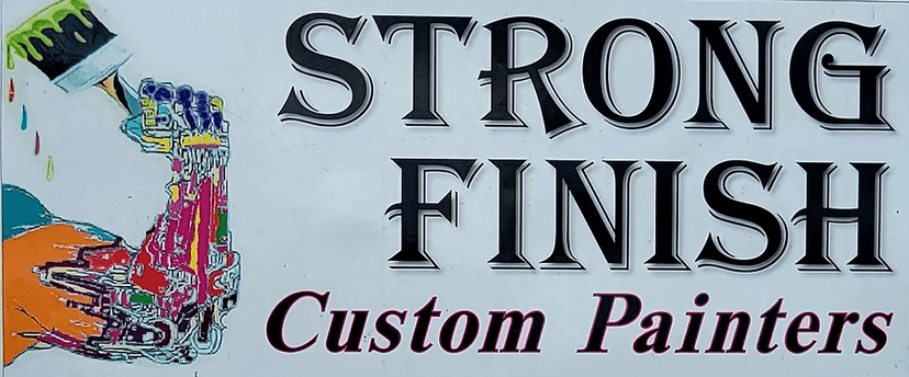This is an image from Strong Finish Custom Painters company, located inOrlando, FL. The image is a Strong Finish Custom Painters logo with bold text and stylized paint design