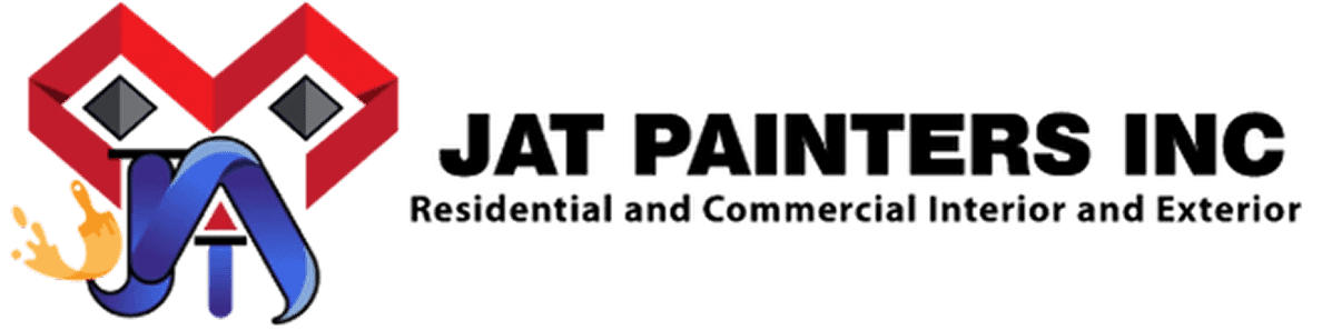 This is an image from JAT Painters Inc, located in New York. The logo for JAT Painters Inc features bold black text with a red geometric roof design and stylized blue initials accented by a paint splash.
