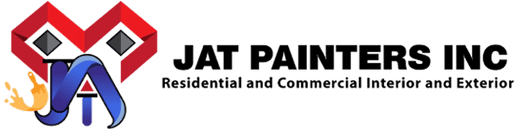 This is an image from JAT Painters Inc, located in New York. The logo for JAT Painters Inc features bold black text with a red geometric roof design and stylized blue initials accented by a paint splash.