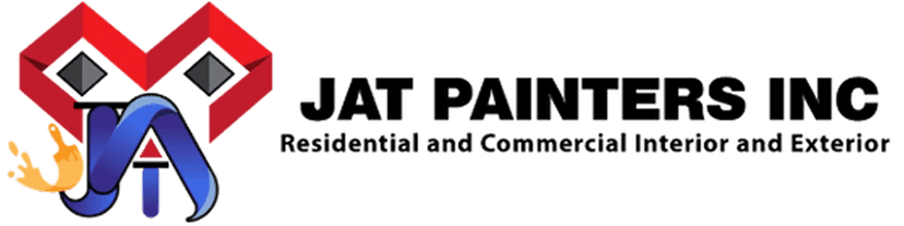 This is an image from JAT Painters Inc, located in New York. The logo for JAT Painters Inc features bold black text with a red geometric roof design and stylized blue initials accented by a paint splash.