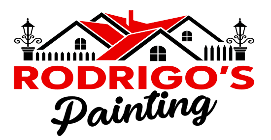 This is the logo of Rodrigo's Painting. The design features stylized red rooftops, windows, and lamps above the company name in bold red and black text.