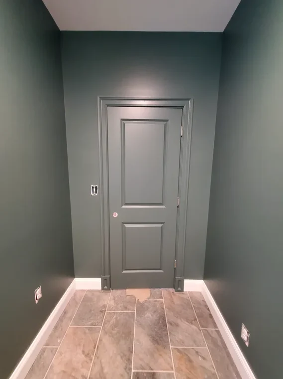 This is an image from Aluisy & Company, Inc. company, located in Stewartstown, PA,. The image is a hallway with freshly painted dark green walls and matching door.