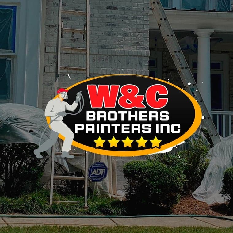 This is an image from W&C Brothers Painters Inc, located in Georgia. The logo for W&C Brothers Painters Inc features bold red and white text inside a black oval with an orange border, an illustrated painter spraying with five gold star ratings underneath.