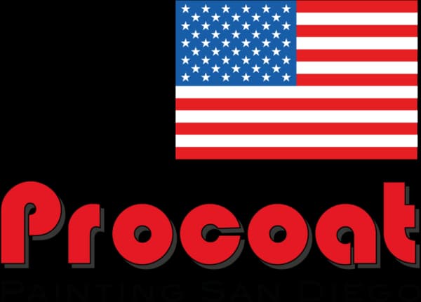 This is an image from Procoat Painting San Diego, located in California. The logo for Procoat Painting San Diego features bold red lettering with an American flag graphic above the company name.