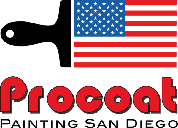 This is an image from Procoat Painting San Diego, located in California. The logo for Procoat Painting San Diego features bold red lettering with an American flag graphic above the company name.